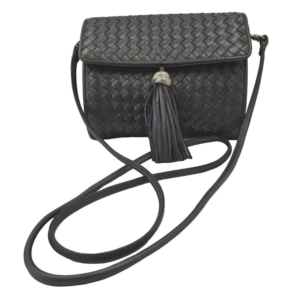 1980s Aspects NY Woven Leather Tassel Crossbody Clutch Bag Gunmetal Gray